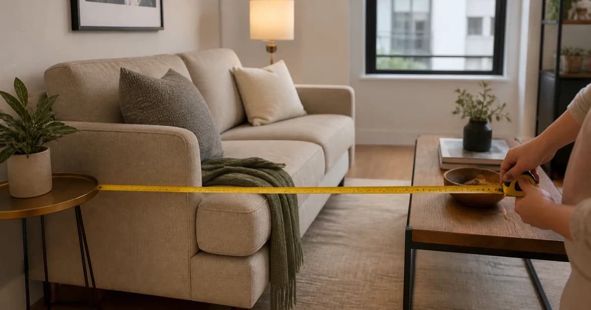 A person using a tape measure between a sofa and coffee table in a compact living room.