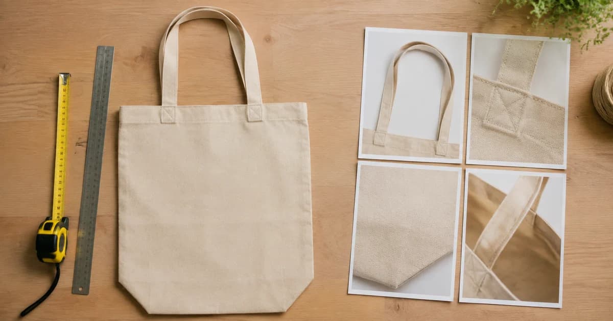 Canvas tote measured beside stitching detail photos for product dimension callouts.