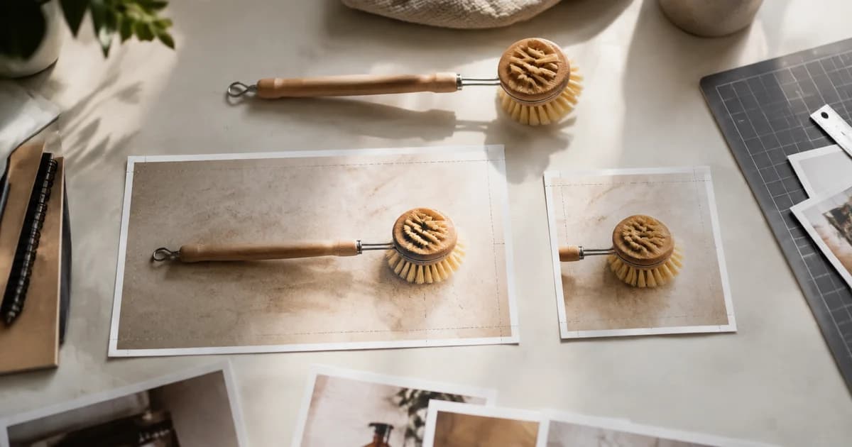 Kitchen brush and differently cropped product prints showing why important details need space.