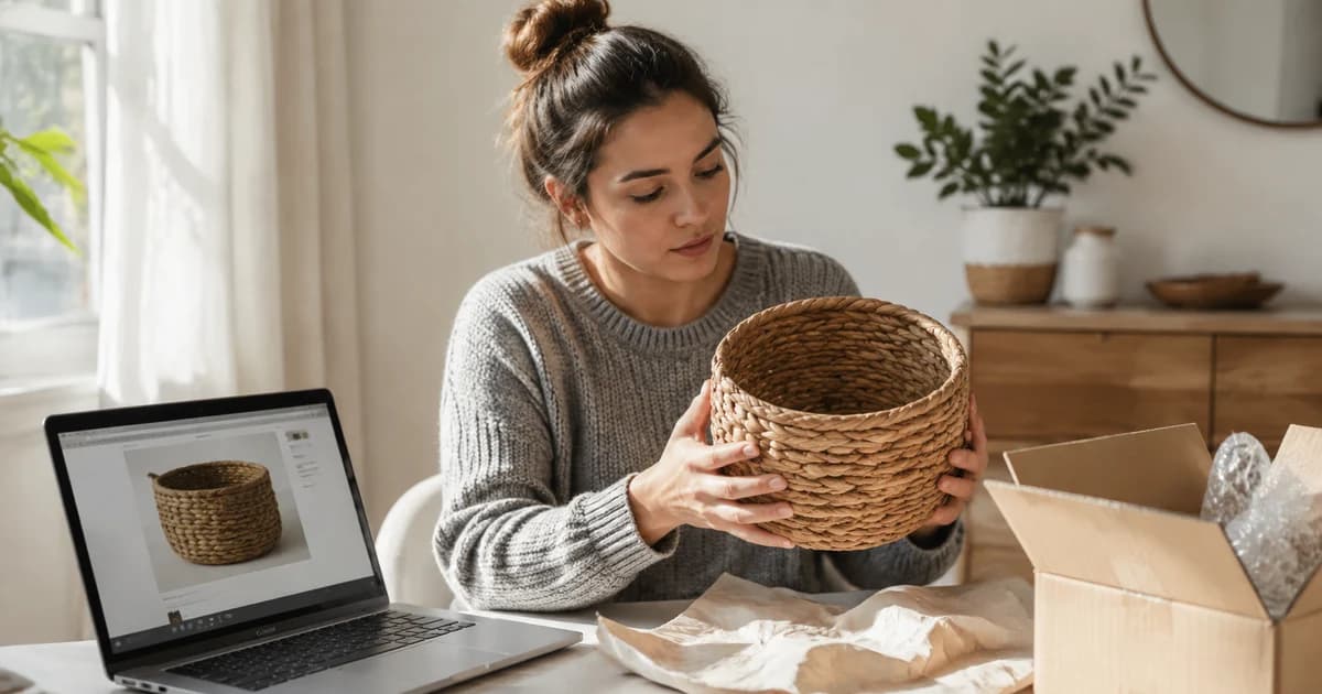 Buyer comparing a delivered woven basket with its online product photograph.