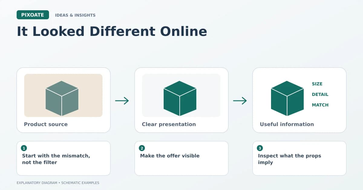 Explanatory diagram for product photos buyer expectations, showing product-image frames and a review sequence.