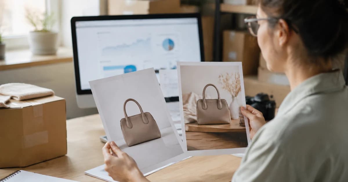 Store owner comparing product photographs while reviewing online-store performance.