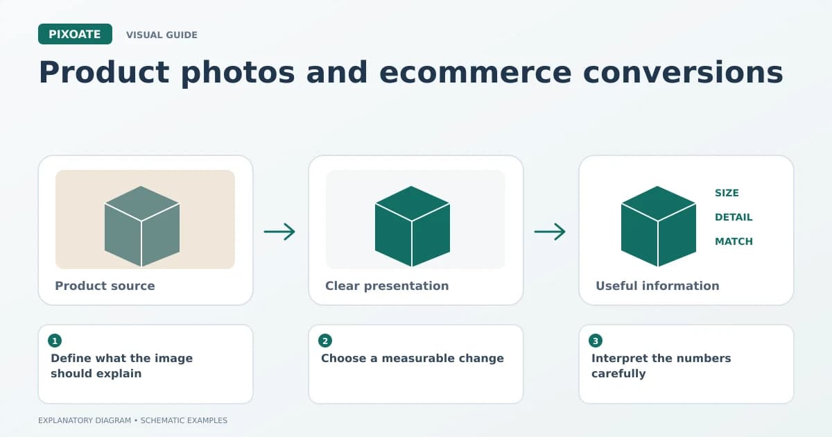 Explanatory diagram for product photos and ecommerce conversions, showing product-image frames and a review sequence.