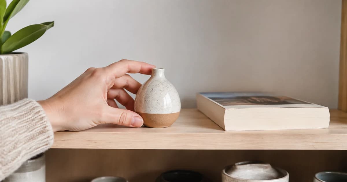 Small vase beside a hand and paperback book to communicate product size and scale.