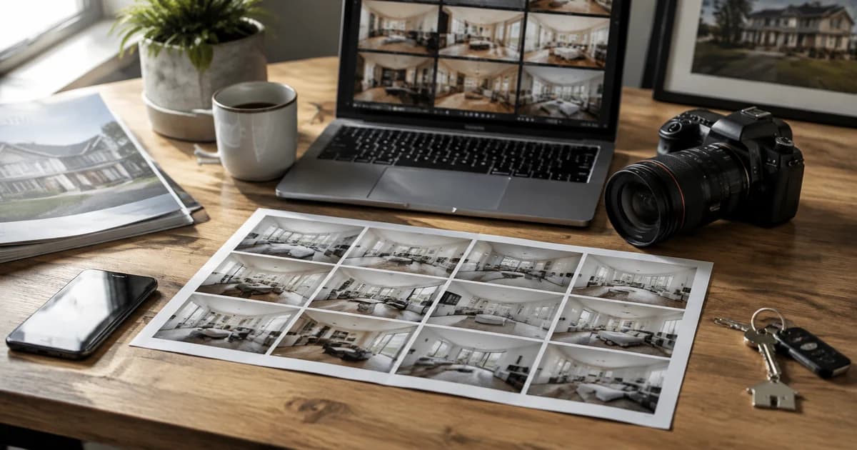 Property photo contact sheets and camera on a real-estate agency desk for a bulk listing review.