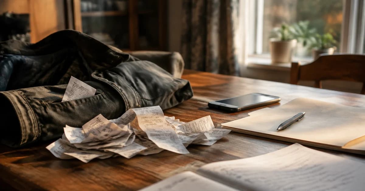 Receipts collected from a jacket pocket for a small-business month-end expense review.