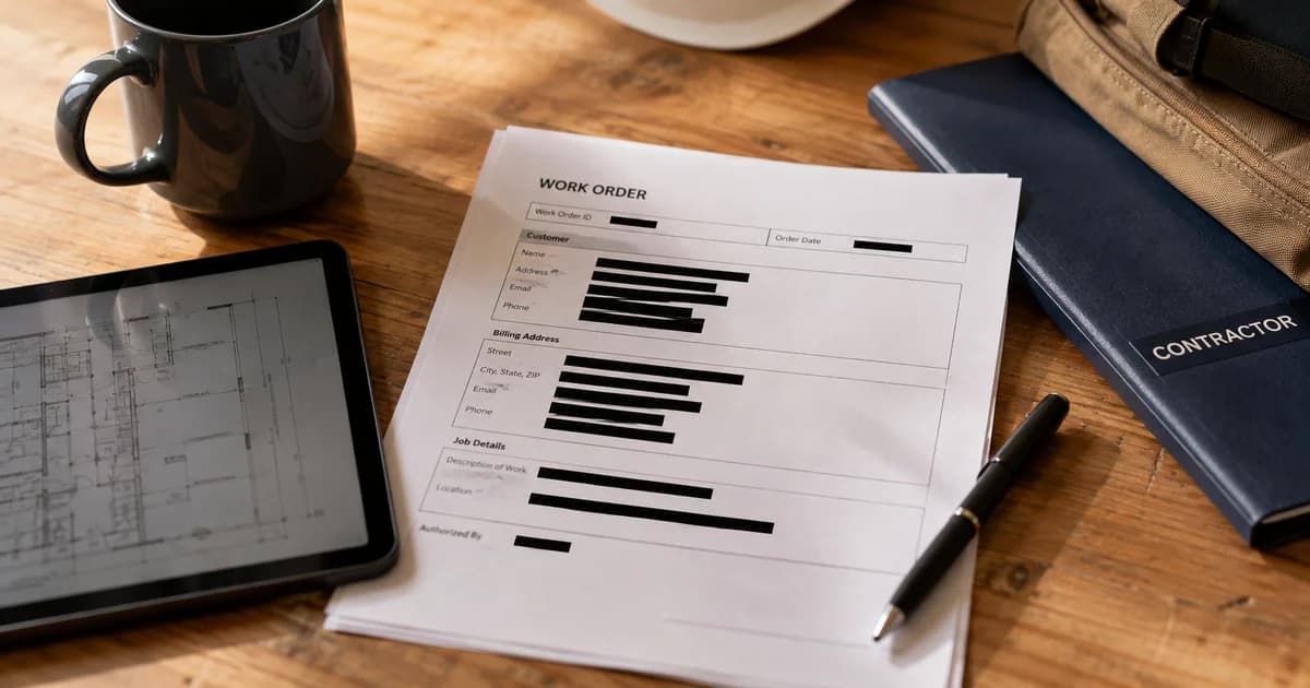 Work order with customer details obscured before sharing a reviewed PDF with contractors.
