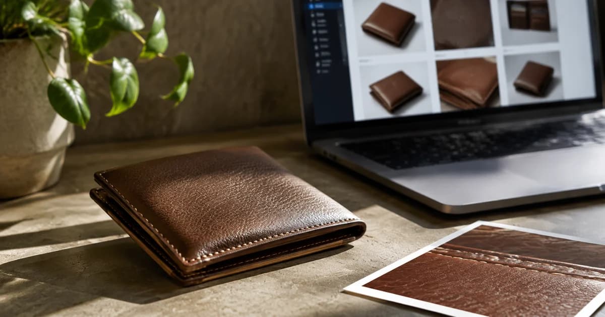 Leather wallet detail reviewed while preparing smaller product image files for a Shopify store.