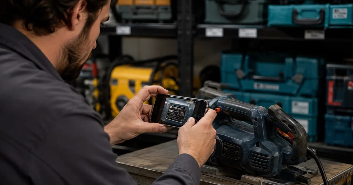 Phone capturing an equipment serial-number label for a business asset register.