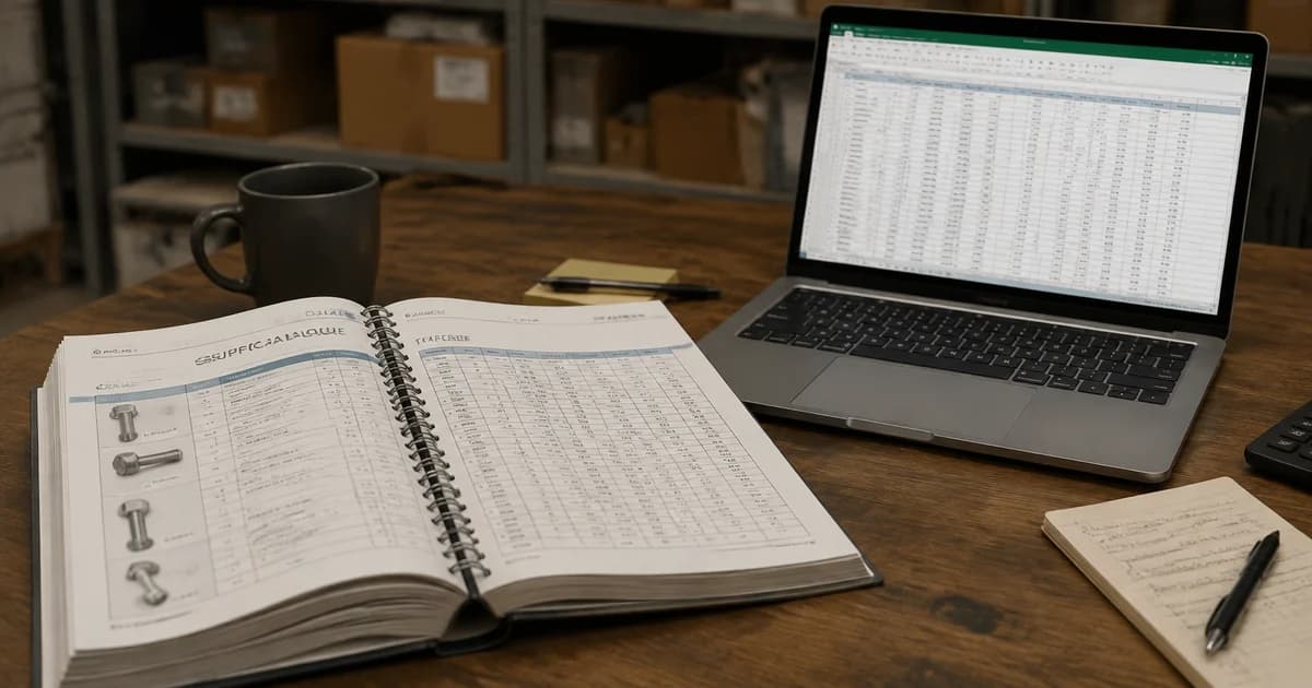 Scanned supplier catalogue table beside an editable spreadsheet for reviewing extracted prices.