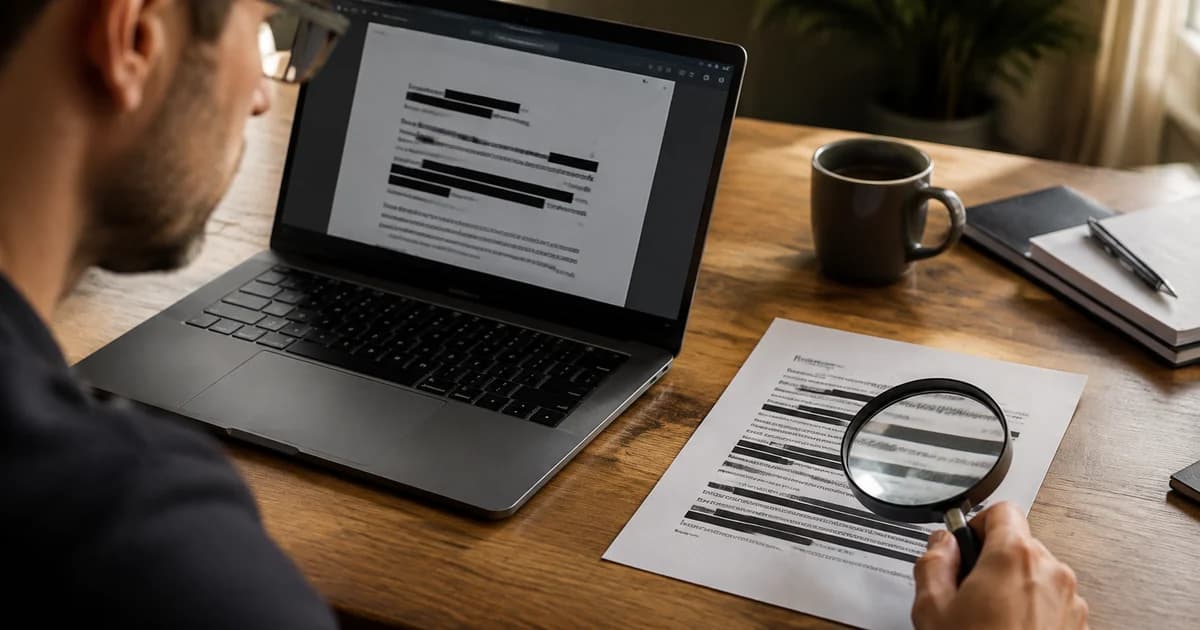 Redacted PDF and printed copy being reviewed for information that should stay private.