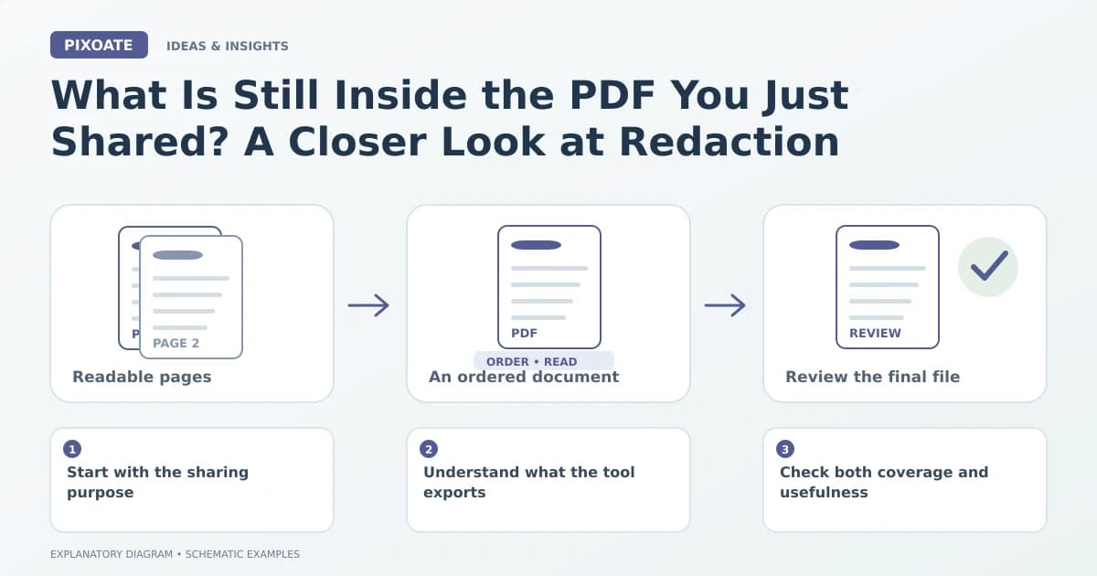 Explanatory diagram for PDF redaction hidden information, showing image pages, an ordered PDF and a document review.