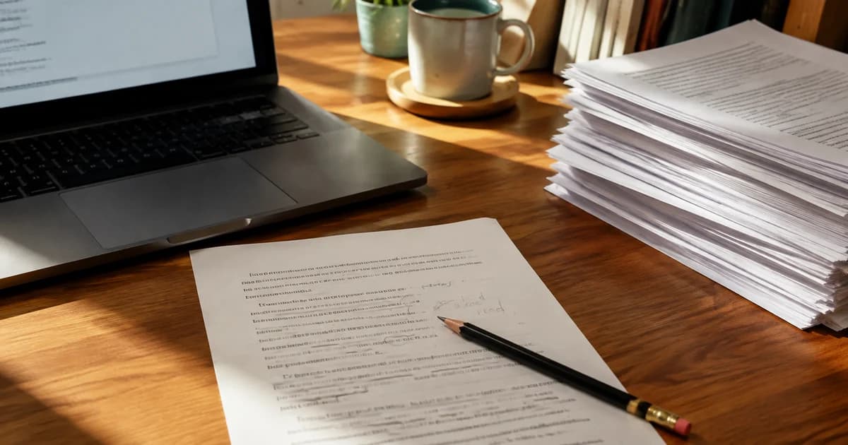 A small correction marked on a PDF printout beside duplicated draft paperwork.