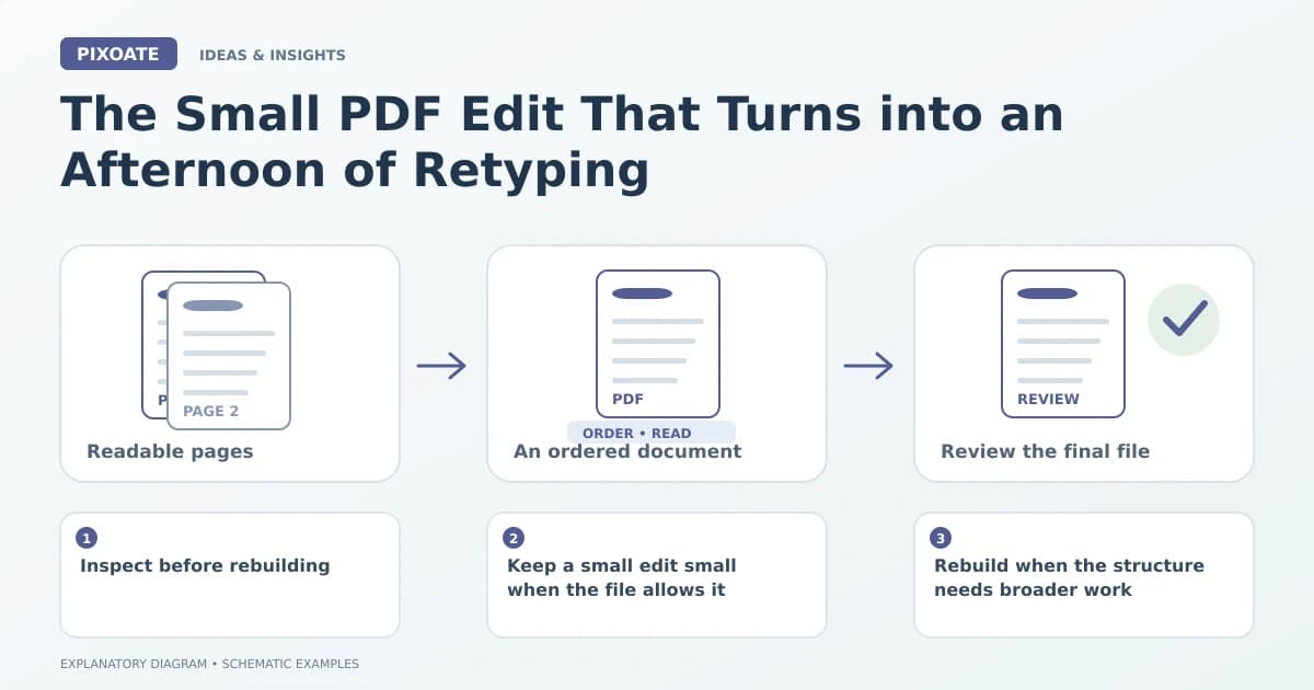 Explanatory diagram for small PDF edit retyping, showing image pages, an ordered PDF and a document review.