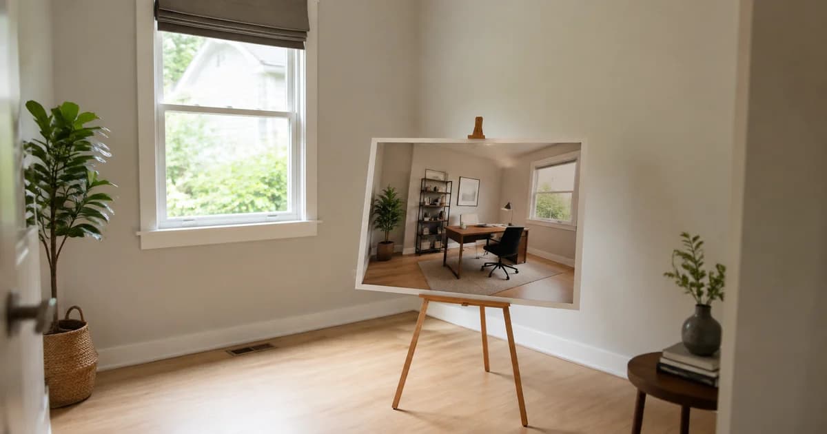 Empty spare room with a home-office concept print illustrating a possible use through virtual staging.