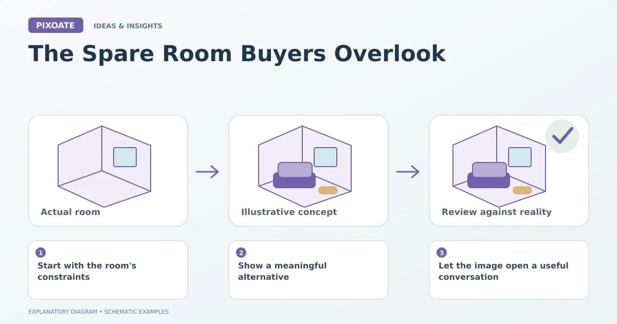 Explanatory diagram for virtual staging spare room, showing schematic room layouts and furnishing symbols.