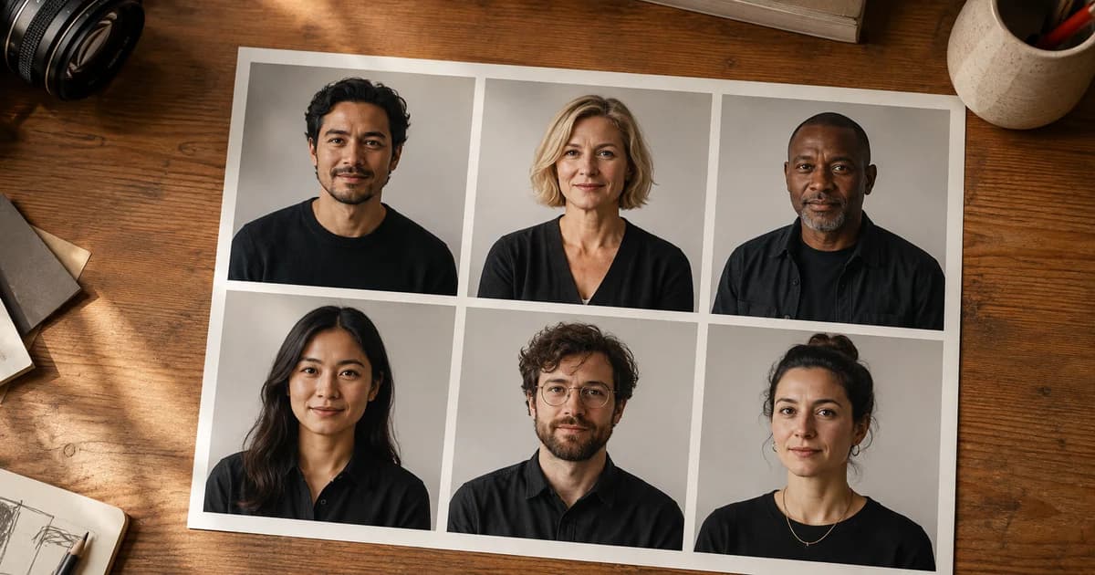 Six employee portrait prints with consistent backgrounds and lighting for a coherent team page.