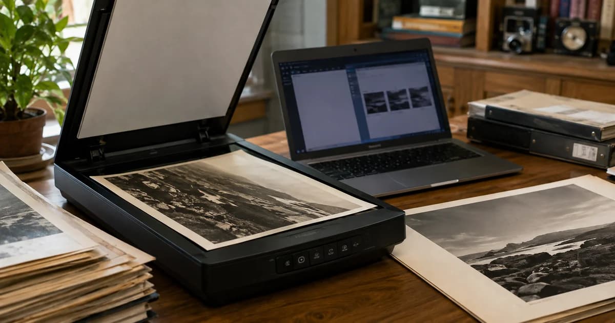 Archival photo scan and laptop prepared for converting large TIFF files into shareable images or PDFs.