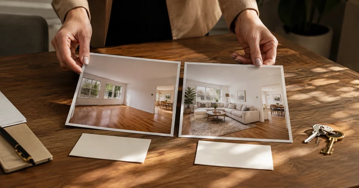 Original room photograph and furnishing concept shown together for transparent virtual staging.