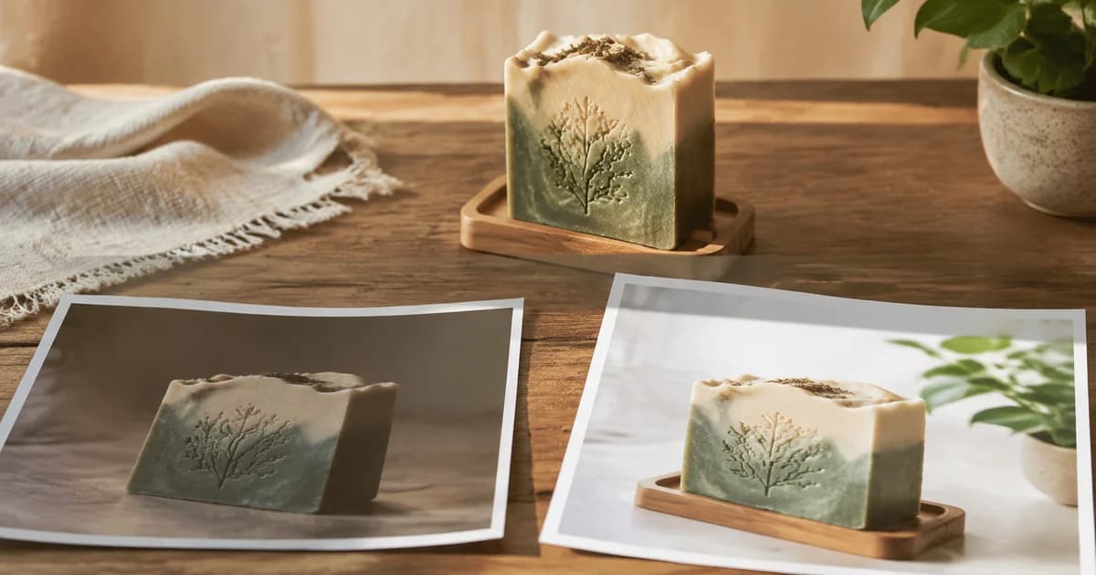 Handmade soap beside differently lit product photographs illustrating online buyer impressions.