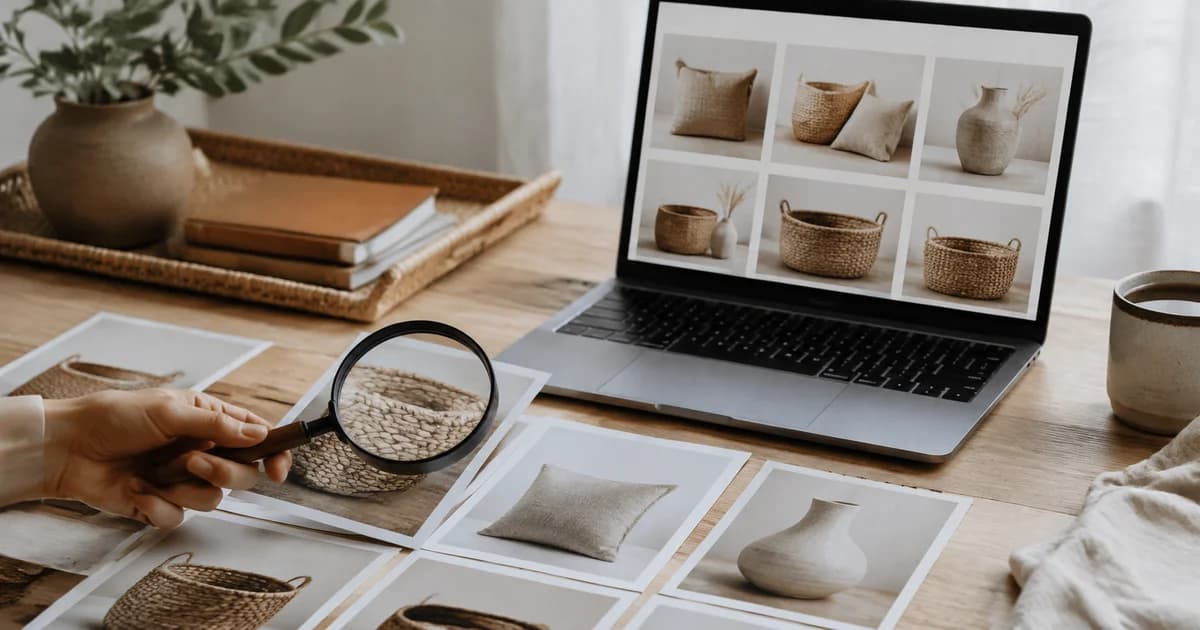 A magnifying glass over a woven basket product print beside a laptop showing a coordinated catalogue photo grid.