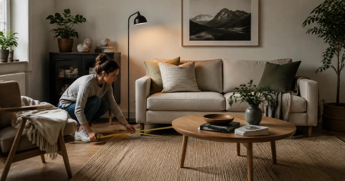 Sofa and coffee table measured in a compact room to check realistic furniture scale.