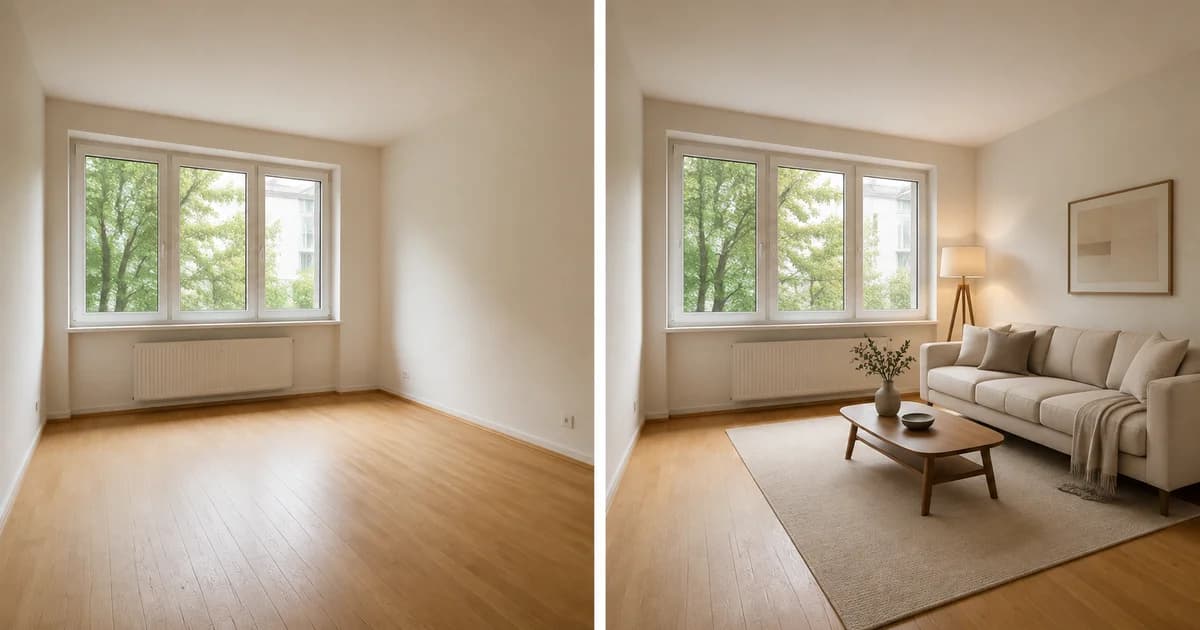 Side-by-side views of an empty living room and a furnishing concept with a sofa, rug and coffee table.