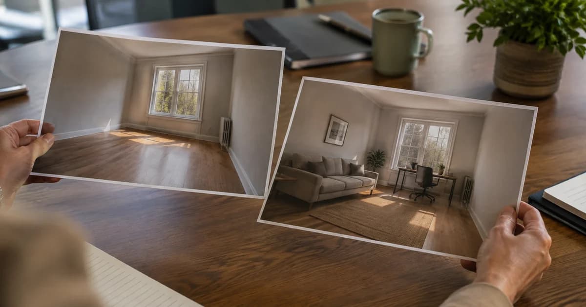 Empty rental room and illustrative furniture layout displayed as two property photo prints.