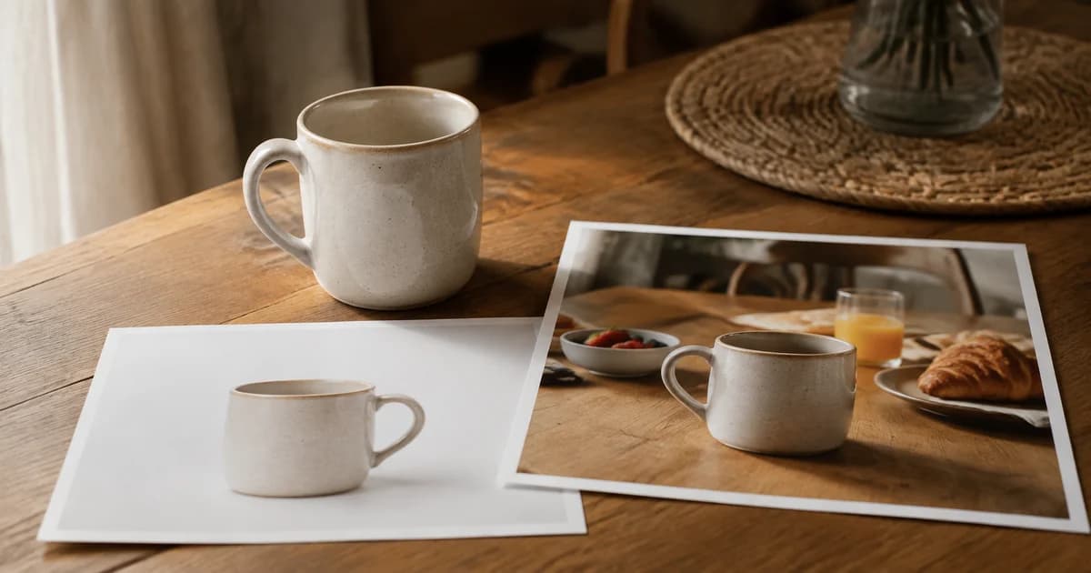 White-background and breakfast-table mug photographs showing different product image roles.