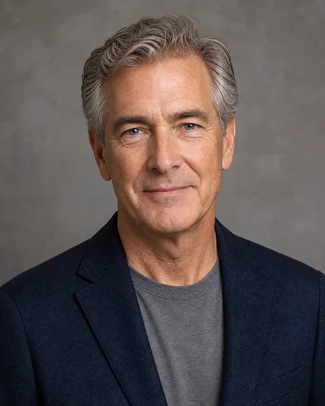 Original synthetic studio portrait showing the dark editorial headshot framing