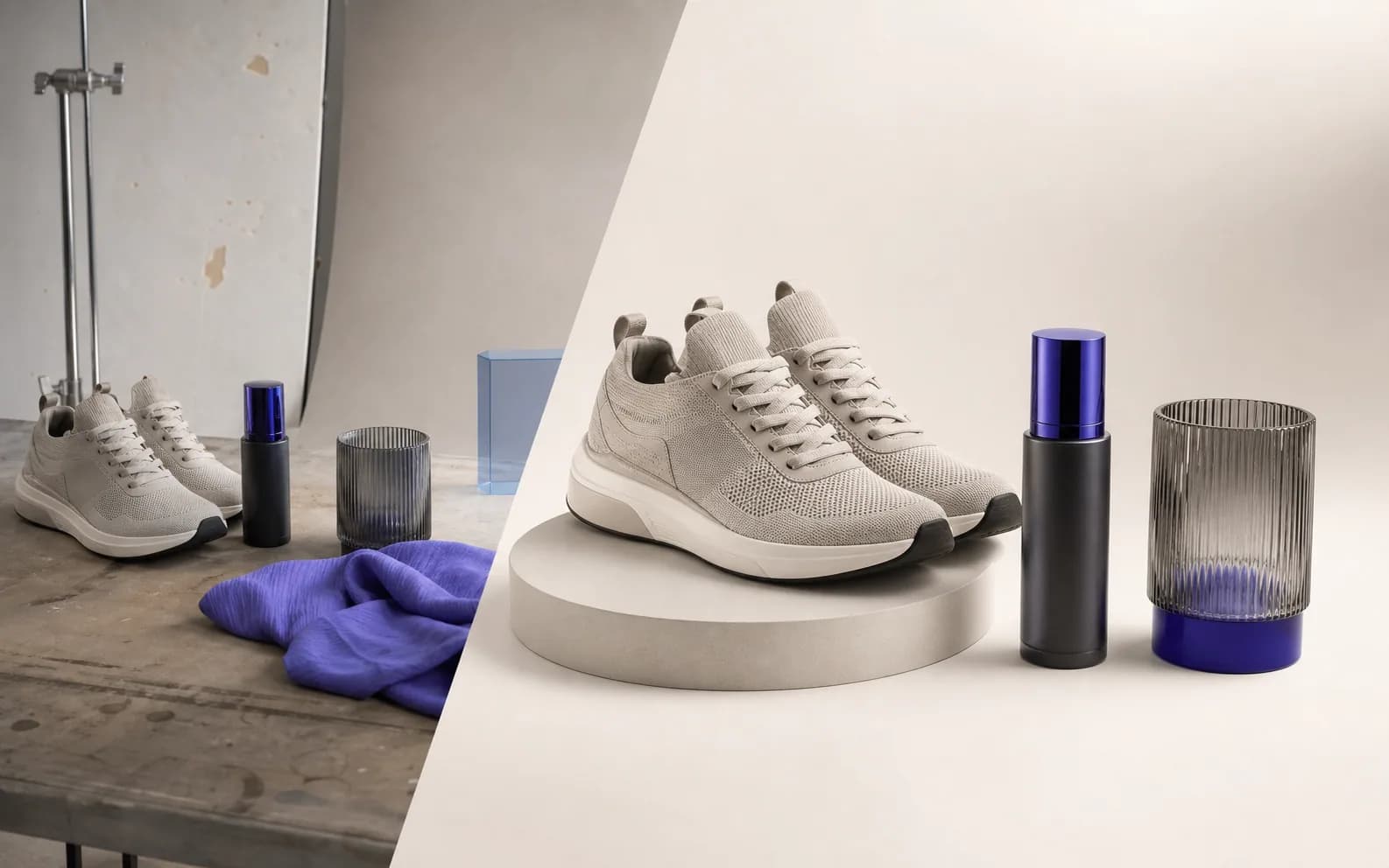 A raw product photography setup transitioning into clean studio-ready ecommerce images