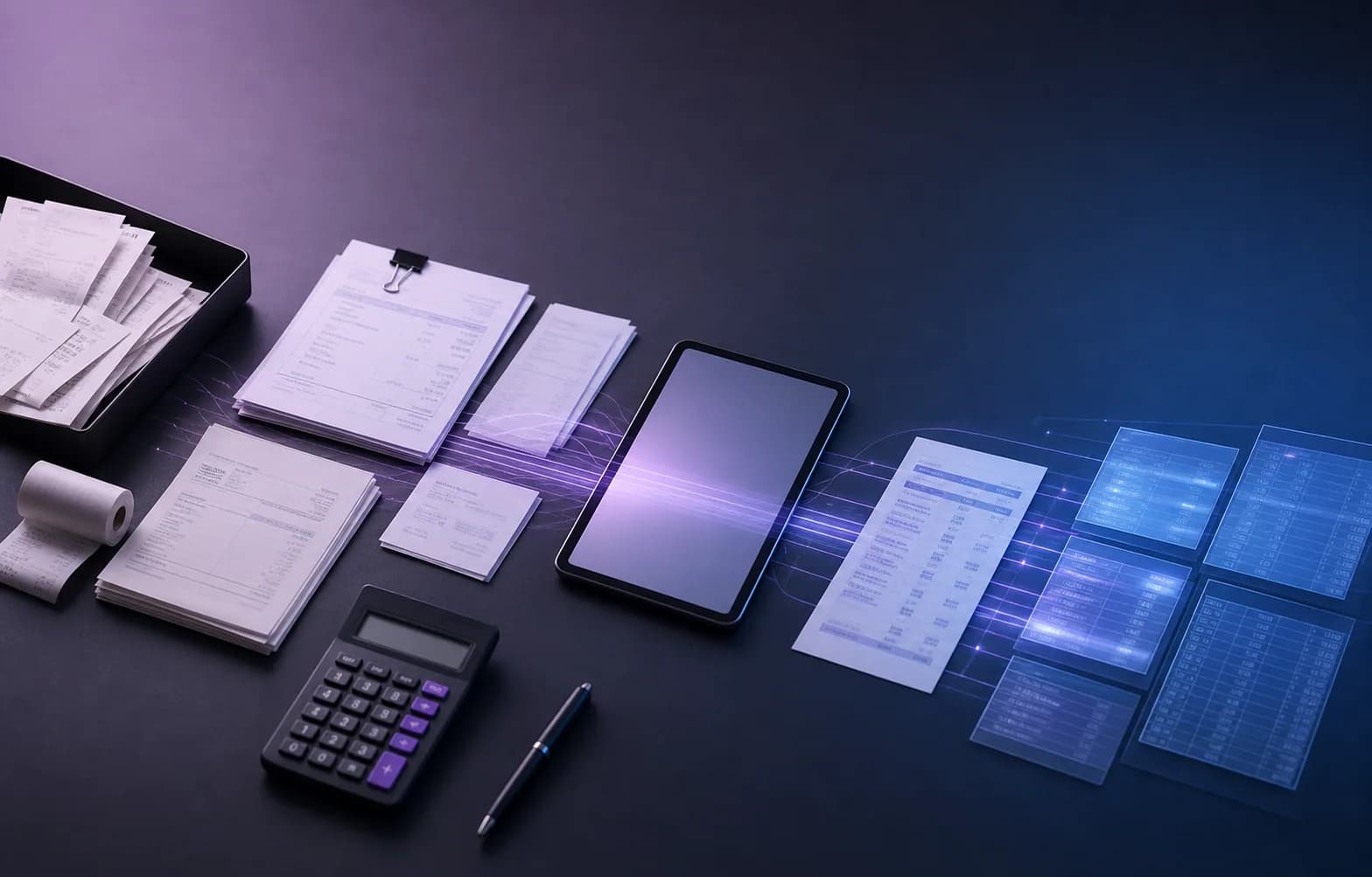 Receipts and finance documents flowing into organized spreadsheet-style data