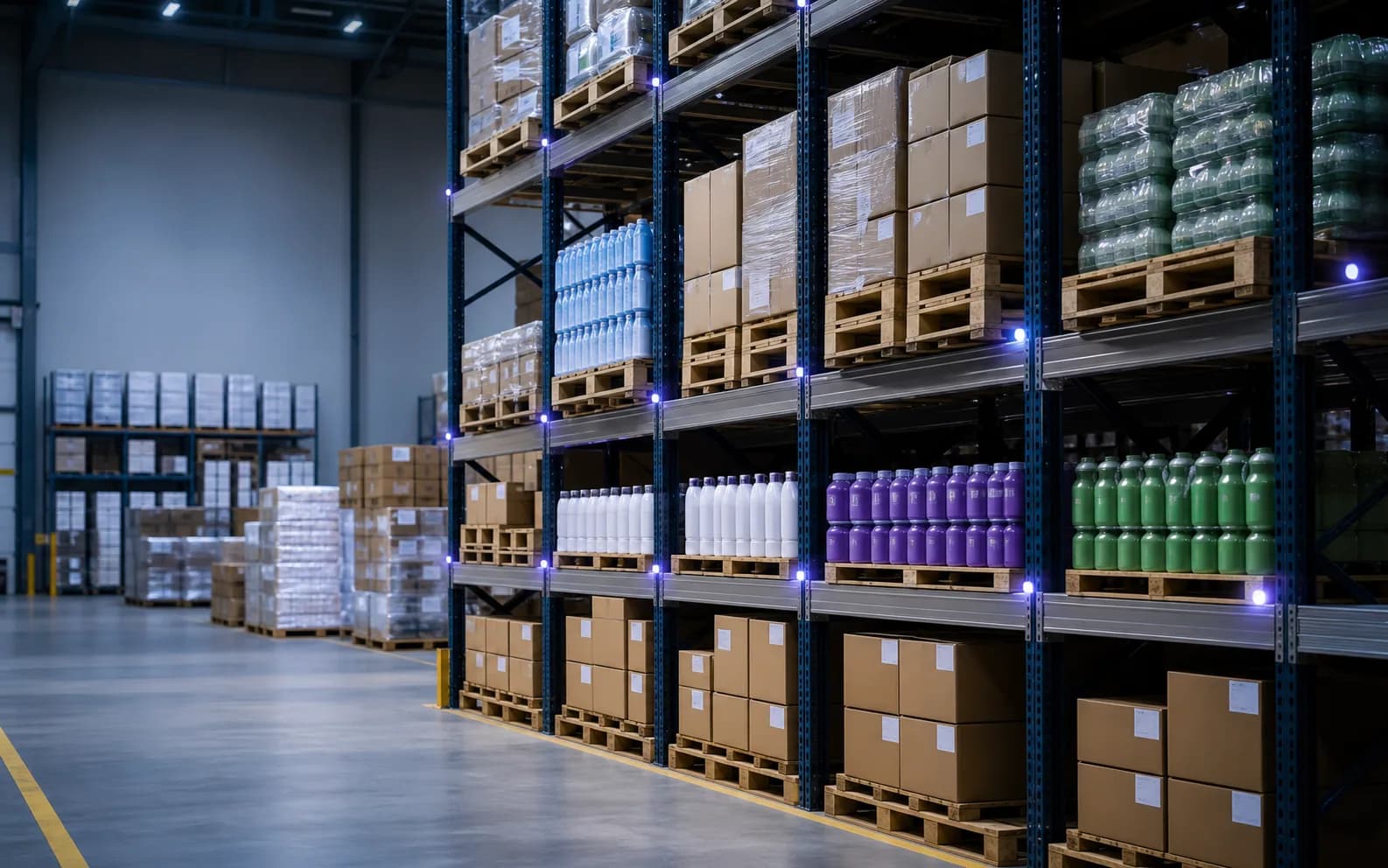 Organised warehouse shelves with pallets, cartons, and repeated products ready for visual counting