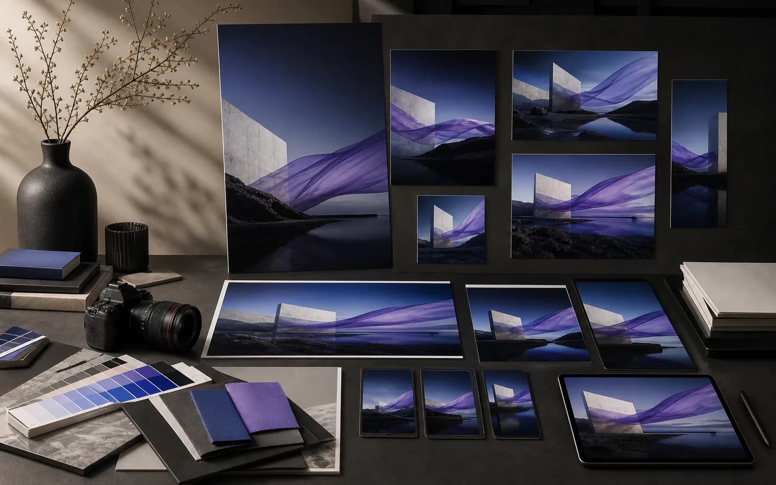 A creative studio desk showing one visual campaign adapted across multiple output formats