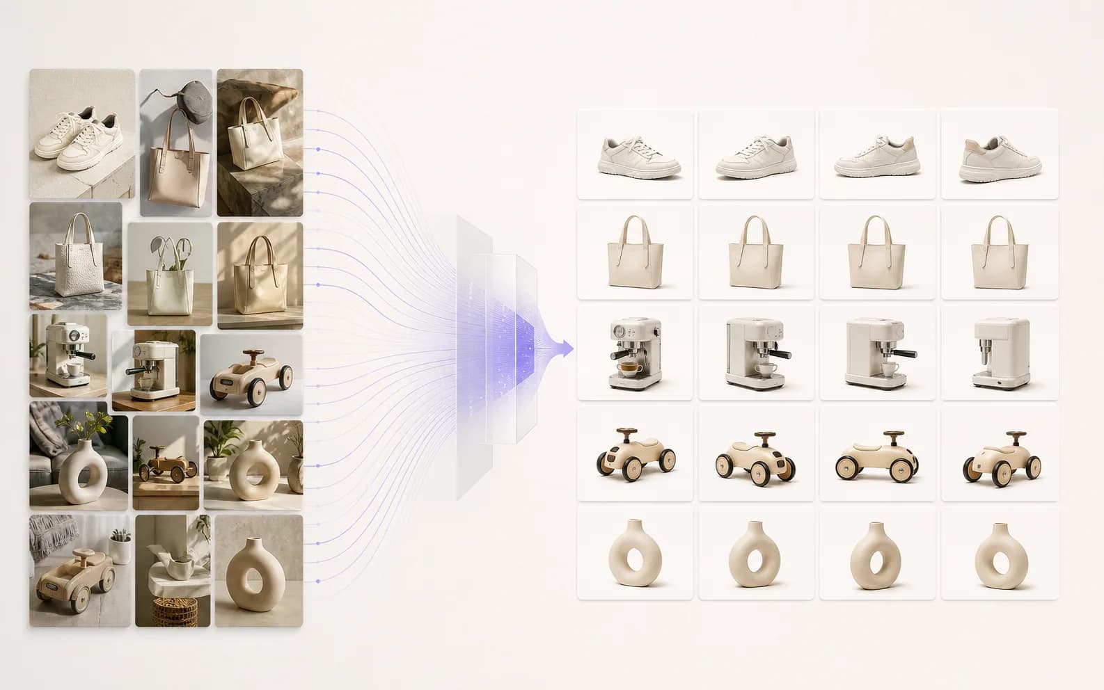Varied seller product photographs flowing into a consistent marketplace catalog grid