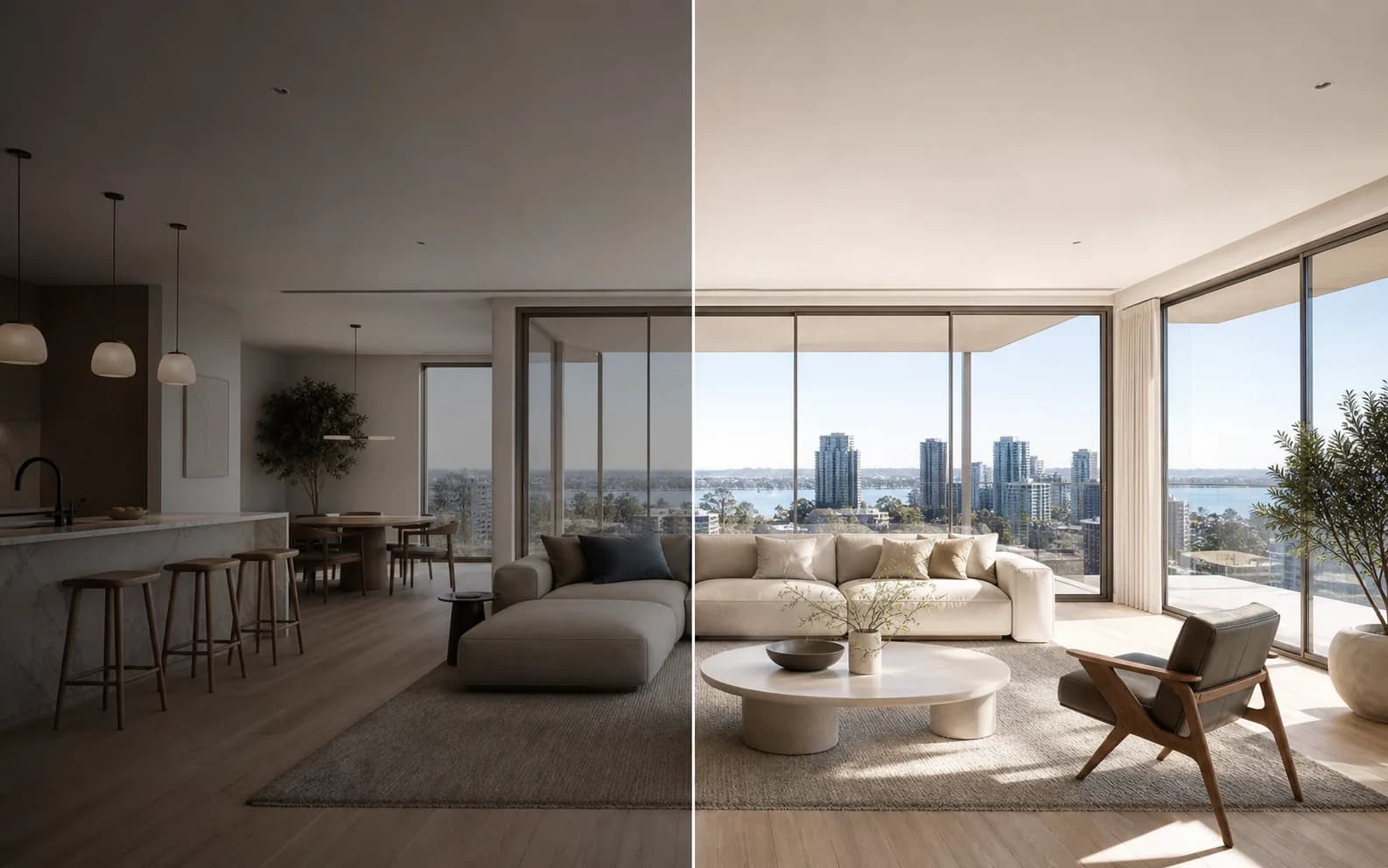 A contemporary apartment shown before and after balanced real-estate photo enhancement