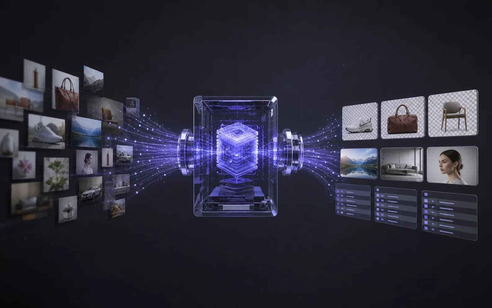 Images flowing through a polished processing core into clean visual assets and structured results