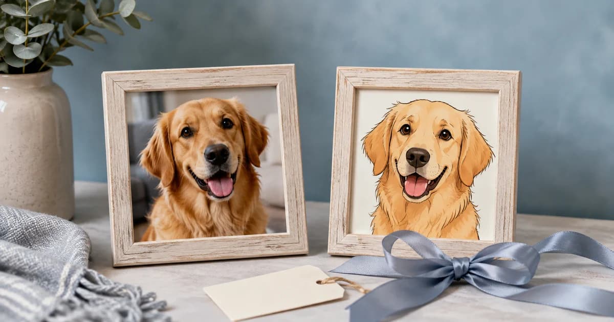 A framed golden dog photograph beside a matching cartoon pet portrait, with a gift ribbon and blank tag.