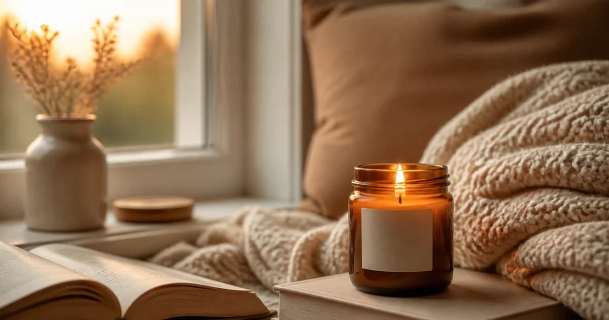 Amber candle in a styled reading nook, illustrating an AI lifestyle product photo concept.
