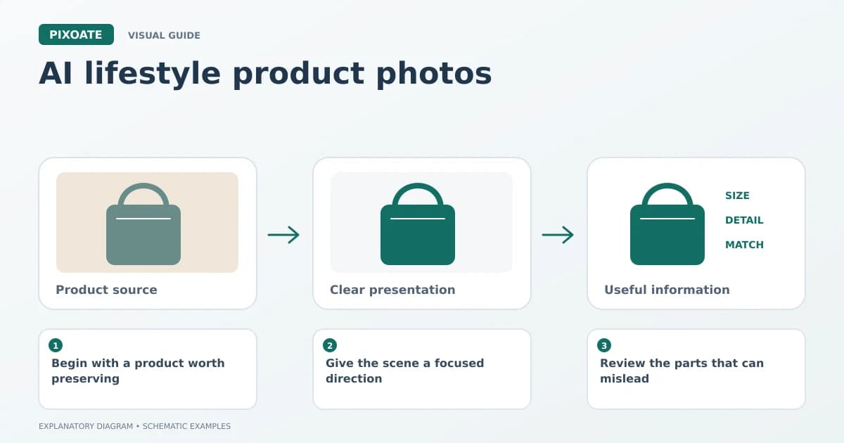 Explanatory diagram for AI lifestyle product photos, showing product-image frames and a review sequence.