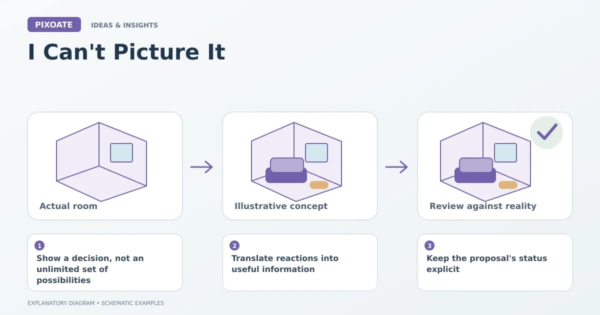 Explanatory diagram for AI room staging client proposals, showing schematic room layouts and furnishing symbols.