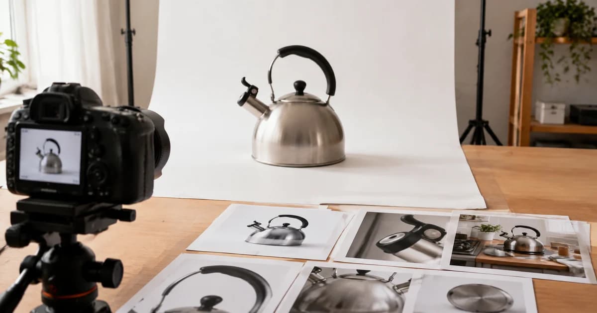 Kettle on a white backdrop with detail and lifestyle photos for an Amazon product listing.