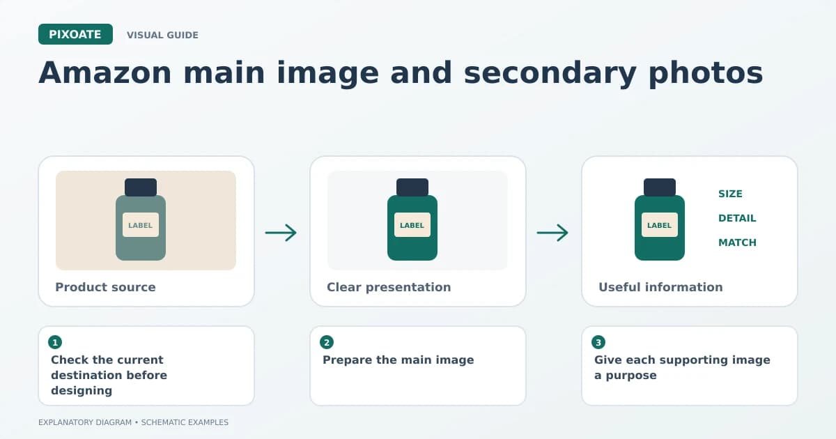 Explanatory diagram for Amazon main image and secondary photos, showing product-image frames and a review sequence.
