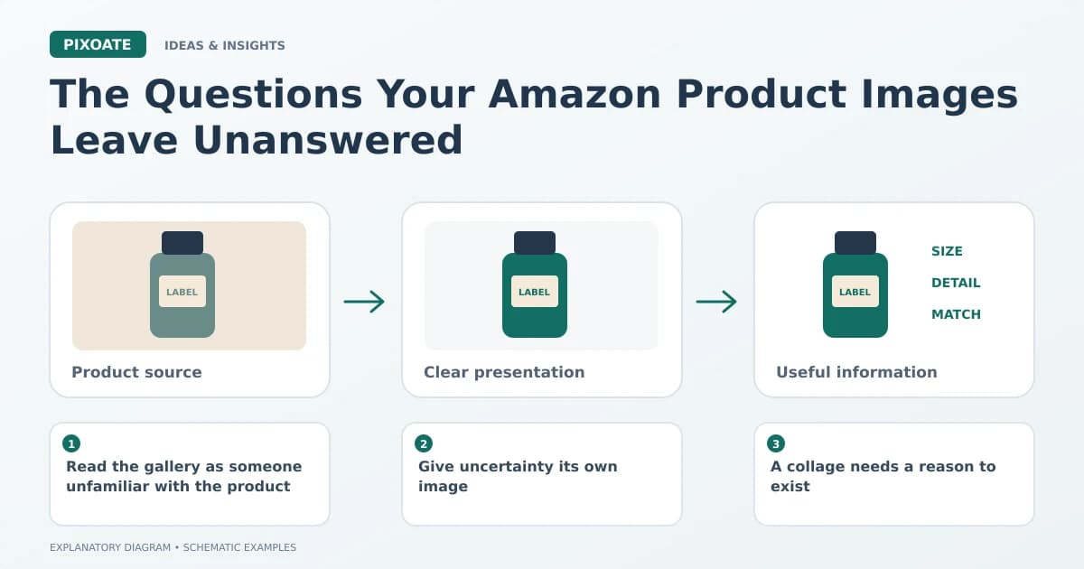 Explanatory diagram for Amazon product images buyer questions, showing product-image frames and a review sequence.