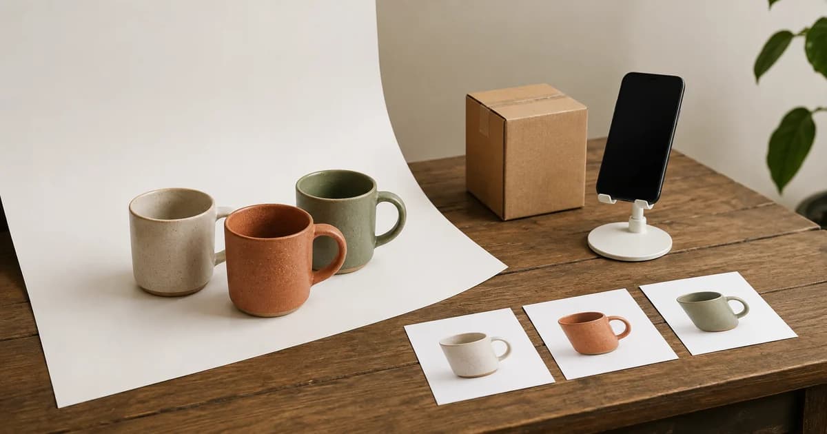 Three ceramic mugs beside a white photography backdrop and individual product prints for an online shop.
