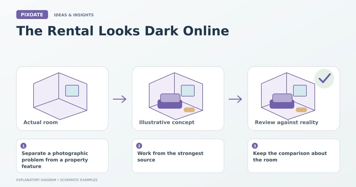 Explanatory diagram for dark rental listing photos, showing schematic room layouts and furnishing symbols.