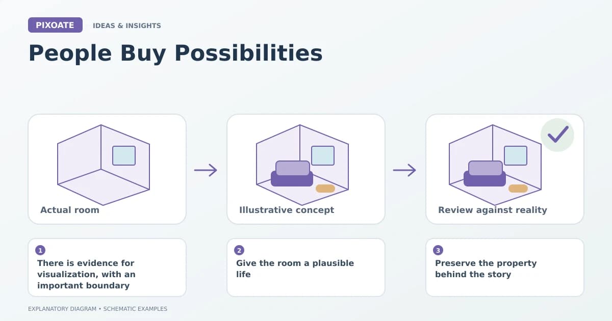 Explanatory diagram for why real estate listings need virtual staging, showing schematic room layouts and furnishing symbols.