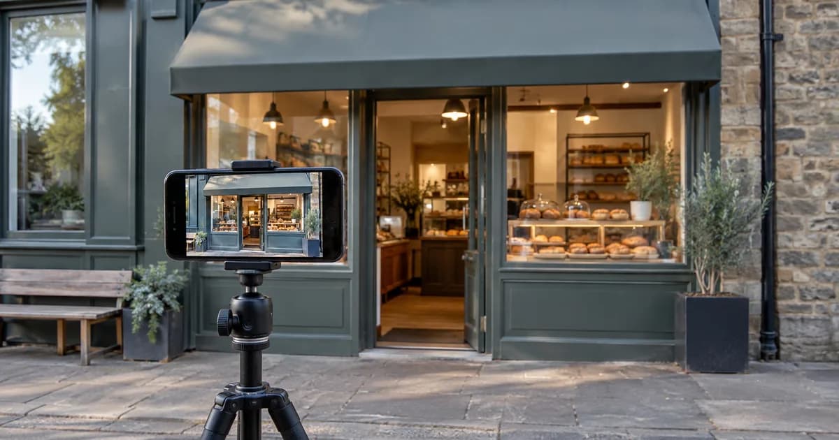Phone on a small tripod photographing the entrance of a neighbourhood bakery.