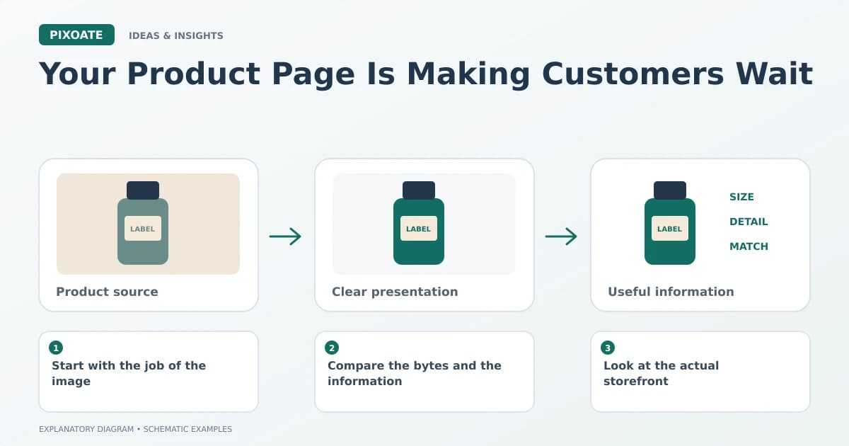 Explanatory diagram for heavy product images slow pages, showing product-image frames and a review sequence.