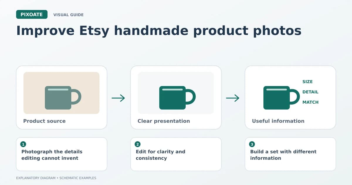 Explanatory diagram for improve Etsy handmade product photos, showing product-image frames and a review sequence.